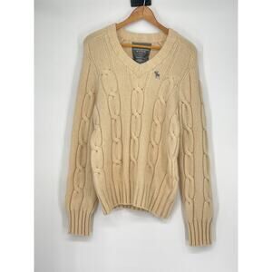 Abercrombie & Fitch Cashmere Blend Cream Moose Logo Cable‎ Knit Sweater Size M